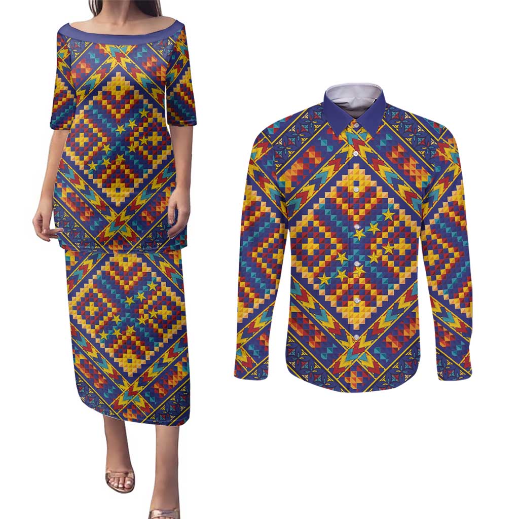 Kolose-Tuvalu Crochet Couples Matching Puletasi and Long Sleeve Button Shirt with Polynesian and Pacific Tattoos - Polynesian Pride
