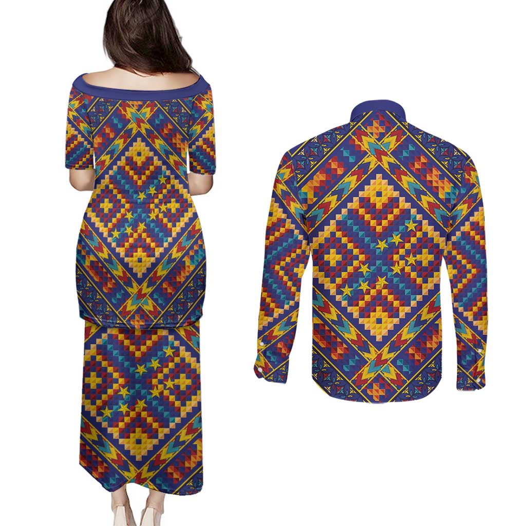 Kolose-Tuvalu Crochet Couples Matching Puletasi and Long Sleeve Button Shirt with Polynesian and Pacific Tattoos - Polynesian Pride