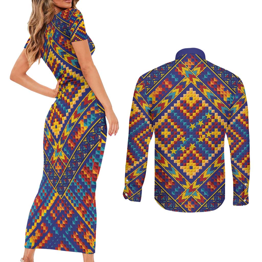 Kolose-Tuvalu Crochet Couples Matching Short Sleeve Bodycon Dress and Long Sleeve Button Shirt with Polynesian and Pacific Tattoos - Polynesian Pride