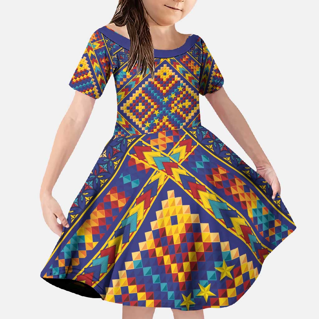 Kolose-Tuvalu Crochet Family Matching Long Sleeve Bodycon Dress and Hawaiian Shirt with Polynesian and Pacific Tattoos LT03 Daughter's Dress Navy - Polynesian Pride