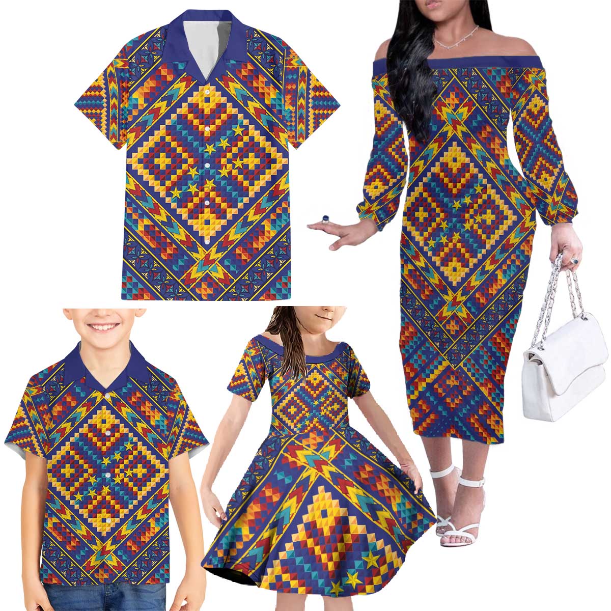 Kolose-Tuvalu Crochet Family Matching Off The Shoulder Long Sleeve Dress and Hawaiian Shirt with Polynesian and Pacific Tattoos LT03 - Polynesian Pride