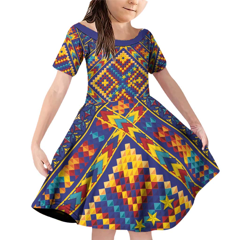 Kolose-Tuvalu Crochet Family Matching Off Shoulder Short Dress and Hawaiian Shirt with Polynesian and Pacific Tattoos LT03 Daughter's Dress Navy - Polynesian Pride