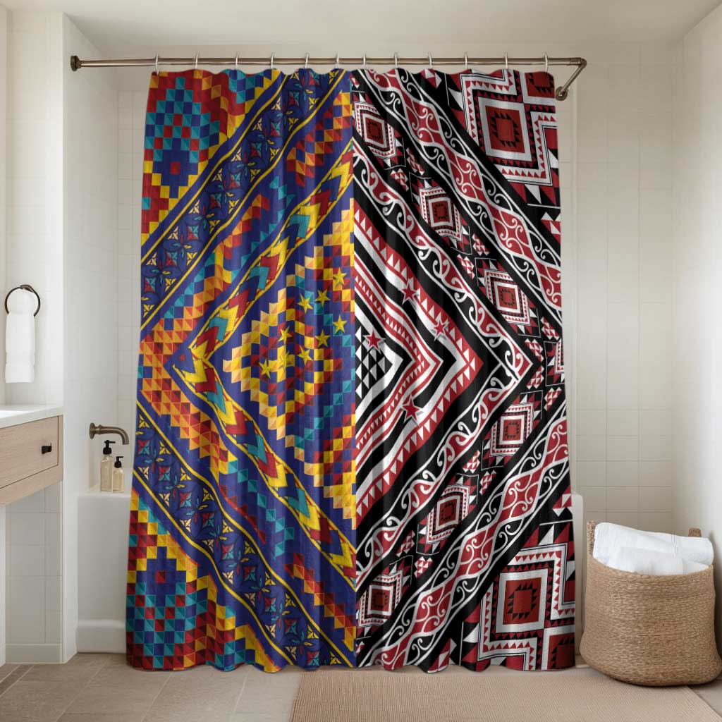 Tuvaluan and New Zealand Culture Bathroom Set The Art of Kolose and Taniko LT03 Shower Curtain Only Navy - Polynesian Pride