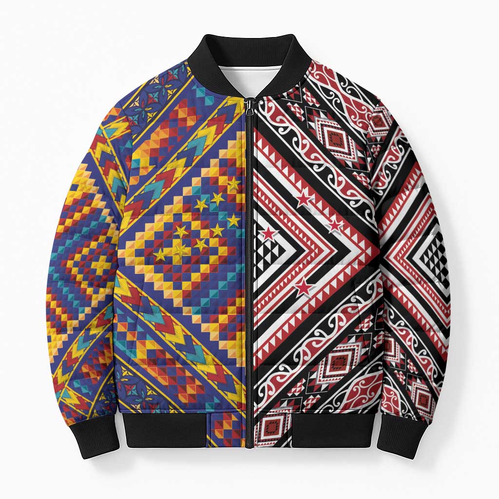 Tuvaluan and New Zealand Culture Bomber Puffer Jacket The Art of Kolose and Taniko LT03 Unisex Navy - Polynesian Pride
