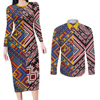 Tuvaluan and New Zealand Culture Couples Matching Long Sleeve Bodycon Dress and Long Sleeve Button Shirt The Art of Kolose and Taniko LT03 Navy - Polynesian Pride