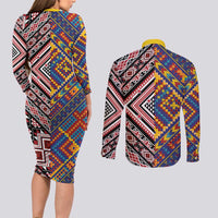 Tuvaluan and New Zealand Culture Couples Matching Long Sleeve Bodycon Dress and Long Sleeve Button Shirt The Art of Kolose and Taniko LT03 - Polynesian Pride