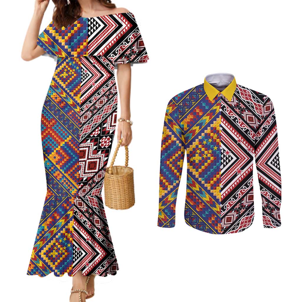Tuvaluan and New Zealand Culture Couples Matching Mermaid Dress and Long Sleeve Button Shirt The Art of Kolose and Taniko LT03 Navy - Polynesian Pride