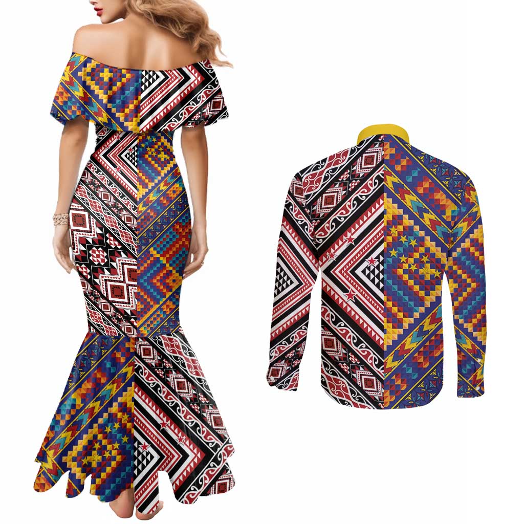 Tuvaluan and New Zealand Culture Couples Matching Mermaid Dress and Long Sleeve Button Shirt The Art of Kolose and Taniko LT03 - Polynesian Pride