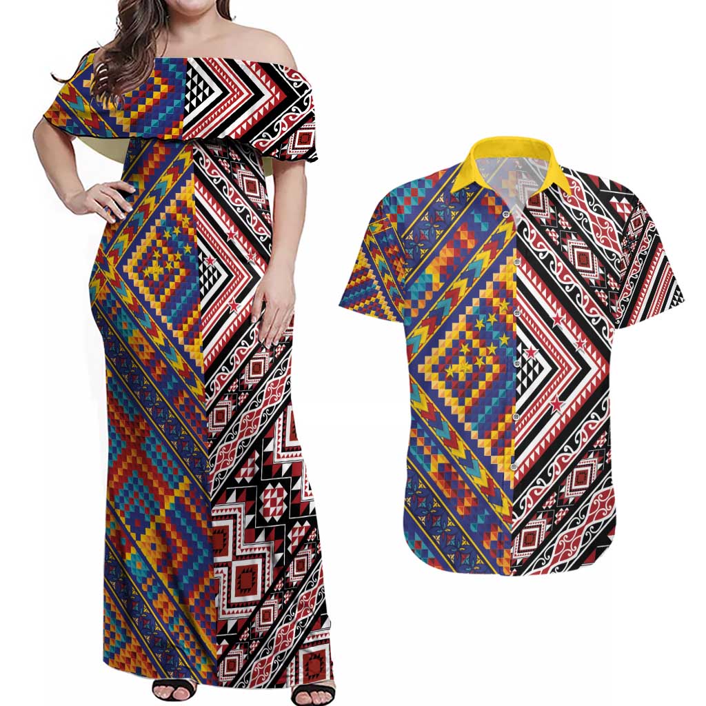 Tuvaluan and New Zealand Culture Couples Matching Off Shoulder Maxi Dress and Hawaiian Shirt The Art of Kolose and Taniko LT03 Navy - Polynesian Pride