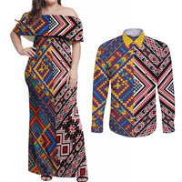Tuvaluan and New Zealand Culture Couples Matching Off Shoulder Maxi Dress and Long Sleeve Button Shirt The Art of Kolose and Taniko LT03 Navy - Polynesian Pride