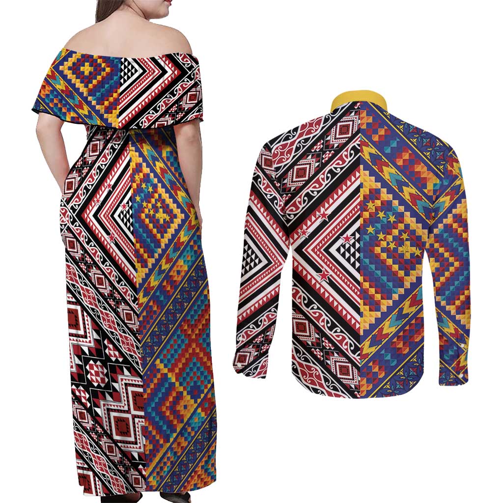 Tuvaluan and New Zealand Culture Couples Matching Off Shoulder Maxi Dress and Long Sleeve Button Shirt The Art of Kolose and Taniko LT03 - Polynesian Pride
