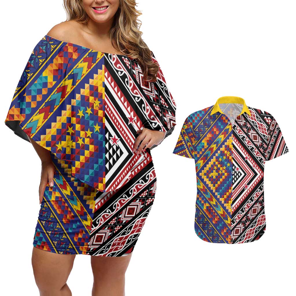 Tuvaluan and New Zealand Culture Couples Matching Off Shoulder Short Dress and Hawaiian Shirt The Art of Kolose and Taniko LT03 Navy - Polynesian Pride