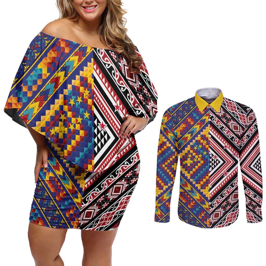 Tuvaluan and New Zealand Culture Couples Matching Off Shoulder Short Dress and Long Sleeve Button Shirt The Art of Kolose and Taniko LT03 Navy - Polynesian Pride