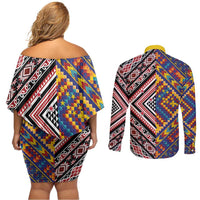 Tuvaluan and New Zealand Culture Couples Matching Off Shoulder Short Dress and Long Sleeve Button Shirt The Art of Kolose and Taniko LT03 - Polynesian Pride