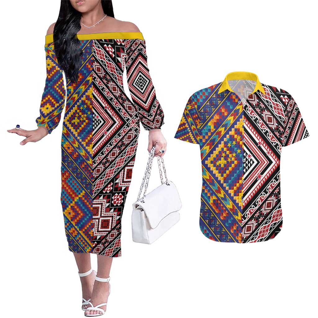 Tuvaluan and New Zealand Culture Couples Matching Off The Shoulder Long Sleeve Dress and Hawaiian Shirt The Art of Kolose and Taniko - Polynesian Pride