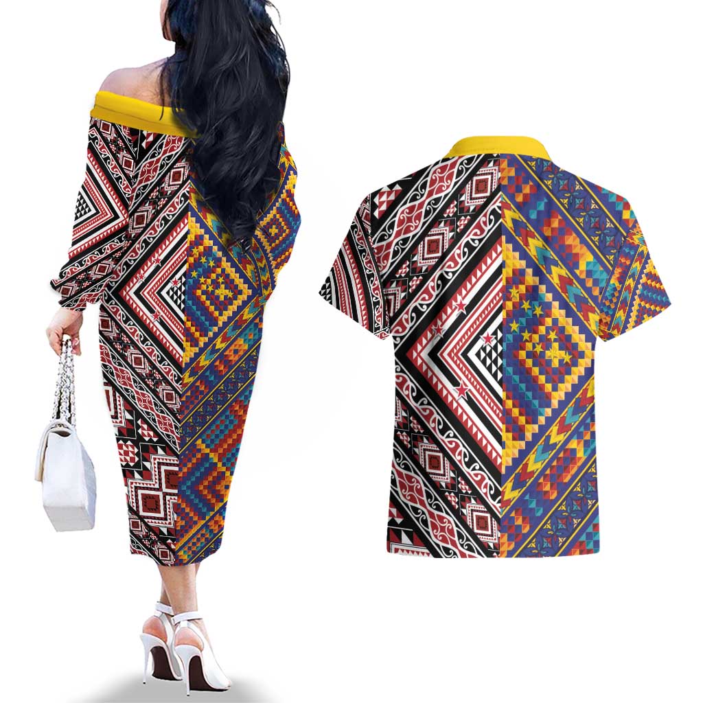 Tuvaluan and New Zealand Culture Couples Matching Off The Shoulder Long Sleeve Dress and Hawaiian Shirt The Art of Kolose and Taniko LT03 - Polynesian Pride