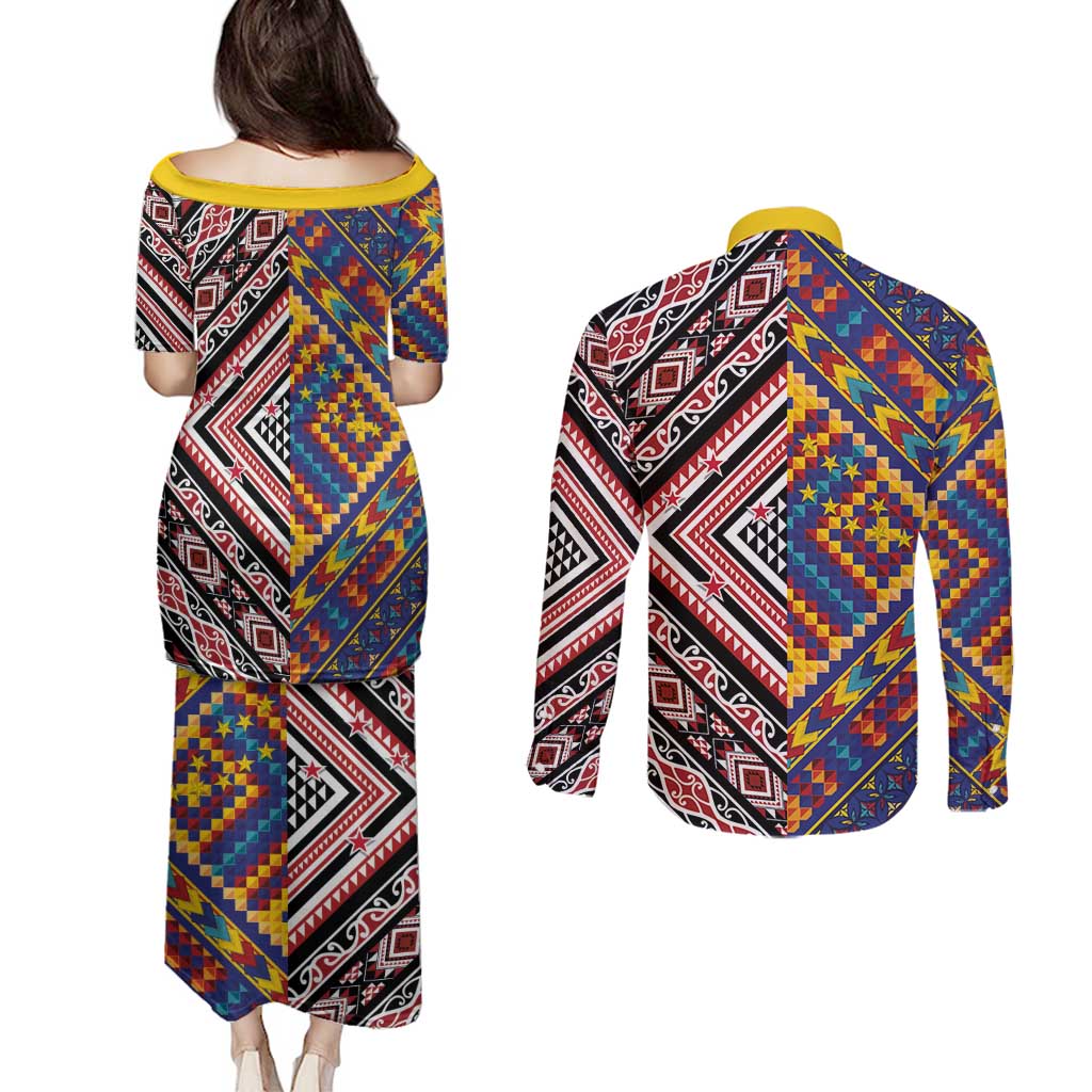 Tuvaluan and New Zealand Culture Couples Matching Puletasi and Long Sleeve Button Shirt The Art of Kolose and Taniko LT03 - Polynesian Pride