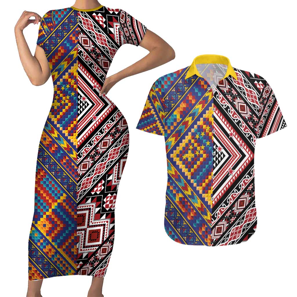 Tuvaluan and New Zealand Culture Couples Matching Short Sleeve Bodycon Dress and Hawaiian Shirt The Art of Kolose and Taniko - Polynesian Pride