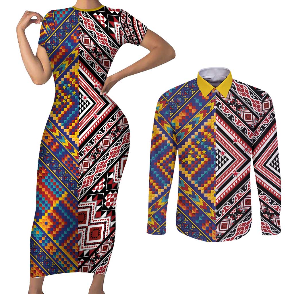 Tuvaluan and New Zealand Culture Couples Matching Short Sleeve Bodycon Dress and Long Sleeve Button Shirt The Art of Kolose and Taniko LT03 Navy - Polynesian Pride