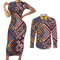 Tuvaluan and New Zealand Culture Couples Matching Short Sleeve Bodycon Dress and Long Sleeve Button Shirt The Art of Kolose and Taniko LT03 Navy - Polynesian Pride