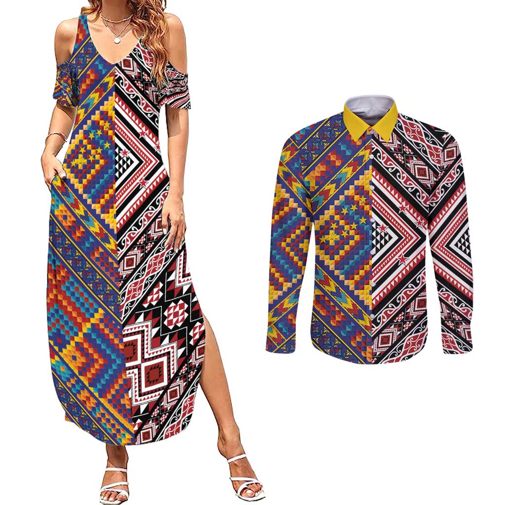 Tuvaluan and New Zealand Culture Couples Matching Summer Maxi Dress and Long Sleeve Button Shirt The Art of Kolose and Taniko LT03 Navy - Polynesian Pride