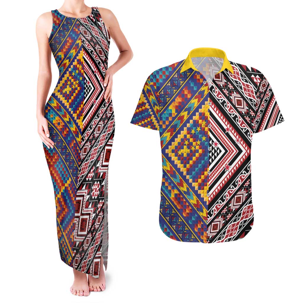 Tuvaluan and New Zealand Culture Couples Matching Tank Maxi Dress and Hawaiian Shirt The Art of Kolose and Taniko LT03 Navy - Polynesian Pride