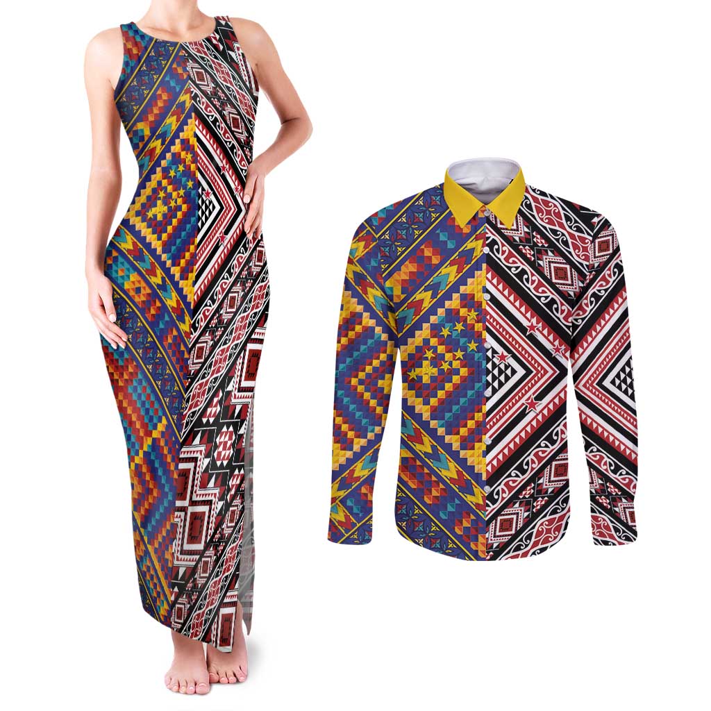 Tuvaluan and New Zealand Culture Couples Matching Tank Maxi Dress and Long Sleeve Button Shirt The Art of Kolose and Taniko - Polynesian Pride