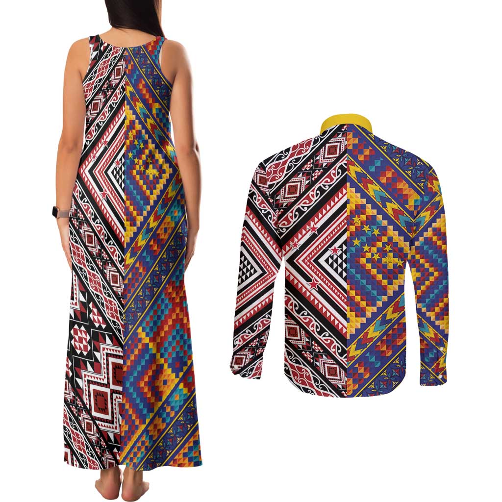 Tuvaluan and New Zealand Culture Couples Matching Tank Maxi Dress and Long Sleeve Button Shirt The Art of Kolose and Taniko LT03 - Polynesian Pride