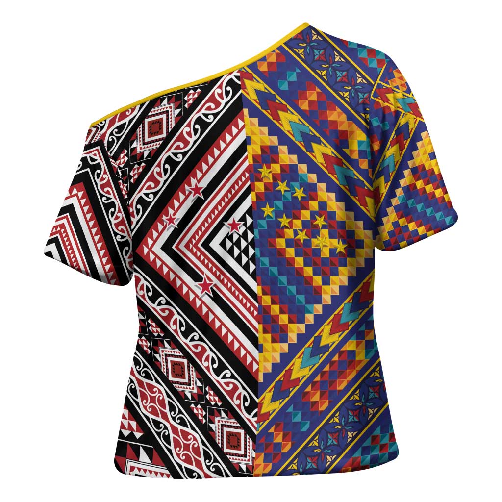 Tuvaluan and New Zealand Culture Cross Shoulder Shirt The Art of Kolose and Taniko LT03 - Polynesian Pride