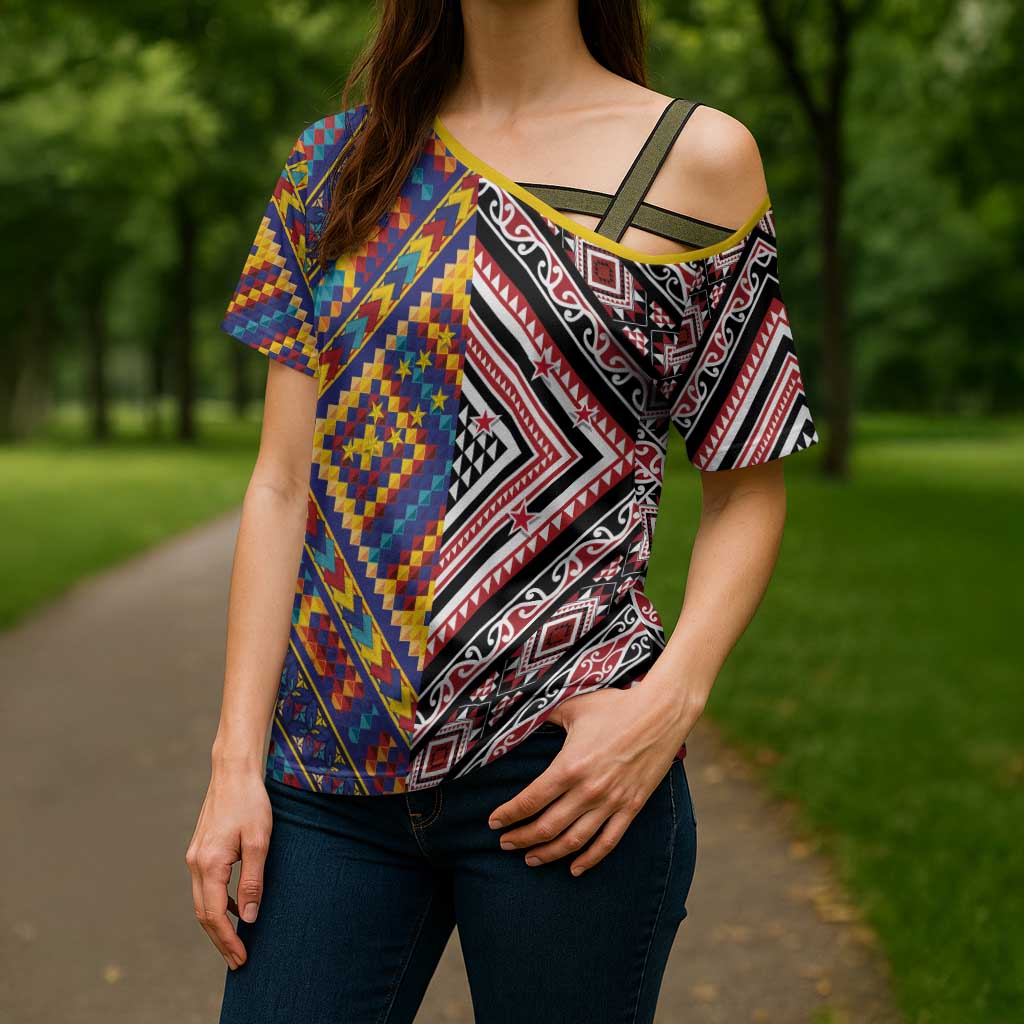 Tuvaluan and New Zealand Culture Cross Shoulder Shirt The Art of Kolose and Taniko LT03 - Polynesian Pride
