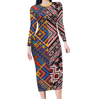 Tuvaluan and New Zealand Culture Family Matching Long Sleeve Bodycon Dress and Hawaiian Shirt The Art of Kolose and Taniko LT03 Mom's Dress Navy - Polynesian Pride