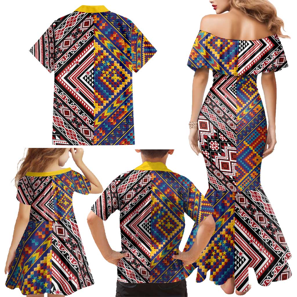 Tuvaluan and New Zealand Culture Family Matching Mermaid Dress and Hawaiian Shirt The Art of Kolose and Taniko LT03 - Polynesian Pride