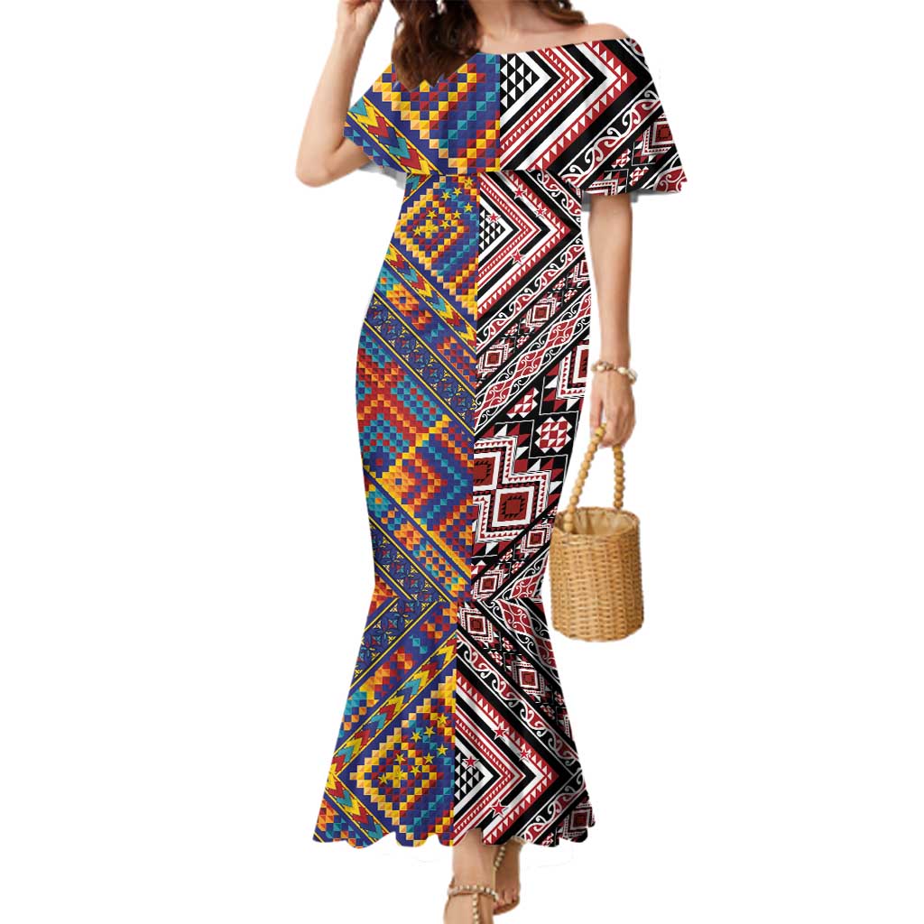 Tuvaluan and New Zealand Culture Family Matching Mermaid Dress and Hawaiian Shirt The Art of Kolose and Taniko LT03 Mom's Dress Navy - Polynesian Pride