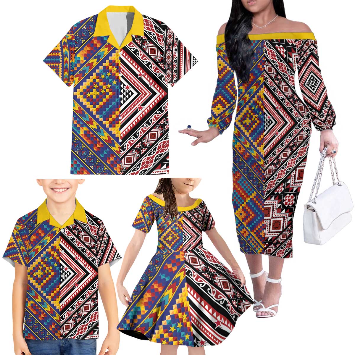 Tuvaluan and New Zealand Culture Family Matching Off The Shoulder Long Sleeve Dress and Hawaiian Shirt The Art of Kolose and Taniko LT03 - Polynesian Pride