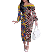 Tuvaluan and New Zealand Culture Family Matching Off The Shoulder Long Sleeve Dress and Hawaiian Shirt The Art of Kolose and Taniko LT03 Mom's Dress Navy - Polynesian Pride