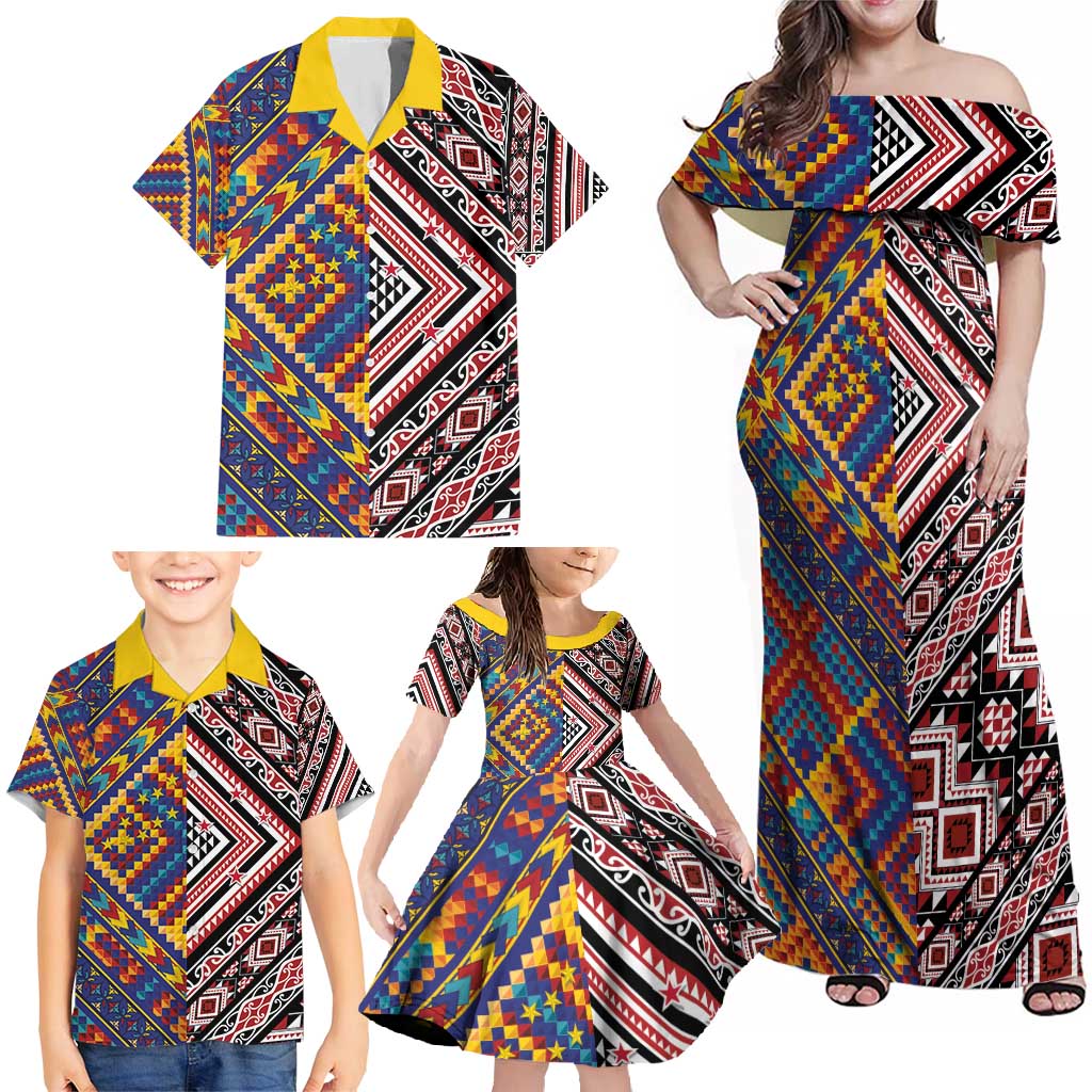 Tuvaluan and New Zealand Culture Family Matching Off Shoulder Maxi Dress and Hawaiian Shirt The Art of Kolose and Taniko - Polynesian Pride
