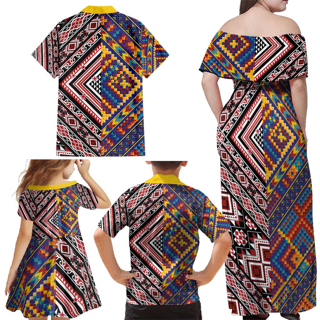 Tuvaluan and New Zealand Culture Family Matching Off Shoulder Maxi Dress and Hawaiian Shirt The Art of Kolose and Taniko LT03 - Polynesian Pride