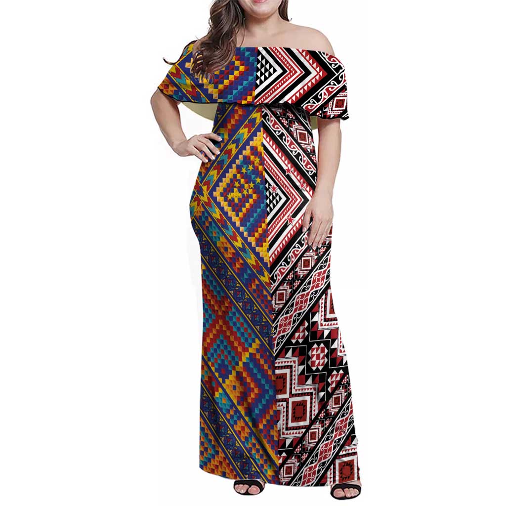 Tuvaluan and New Zealand Culture Family Matching Off Shoulder Maxi Dress and Hawaiian Shirt The Art of Kolose and Taniko LT03 Mom's Dress Navy - Polynesian Pride