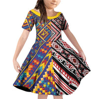 Tuvaluan and New Zealand Culture Family Matching Off Shoulder Short Dress and Hawaiian Shirt The Art of Kolose and Taniko LT03 Daughter's Dress Navy - Polynesian Pride