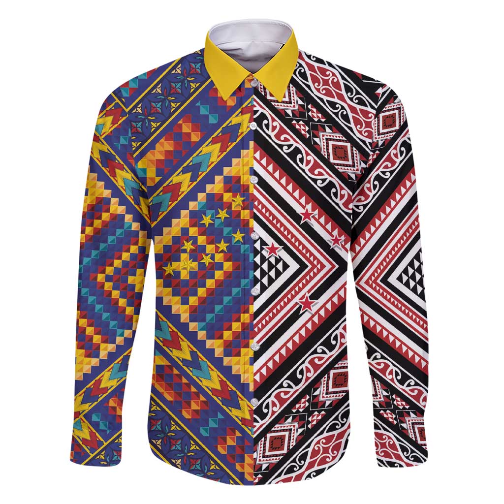 Tuvaluan and New Zealand Culture Family Matching Short Sleeve Bodycon Dress and Hawaiian Shirt The Art of Kolose and Taniko LT03 Dad's Shirt - Long Sleeve Navy - Polynesian Pride