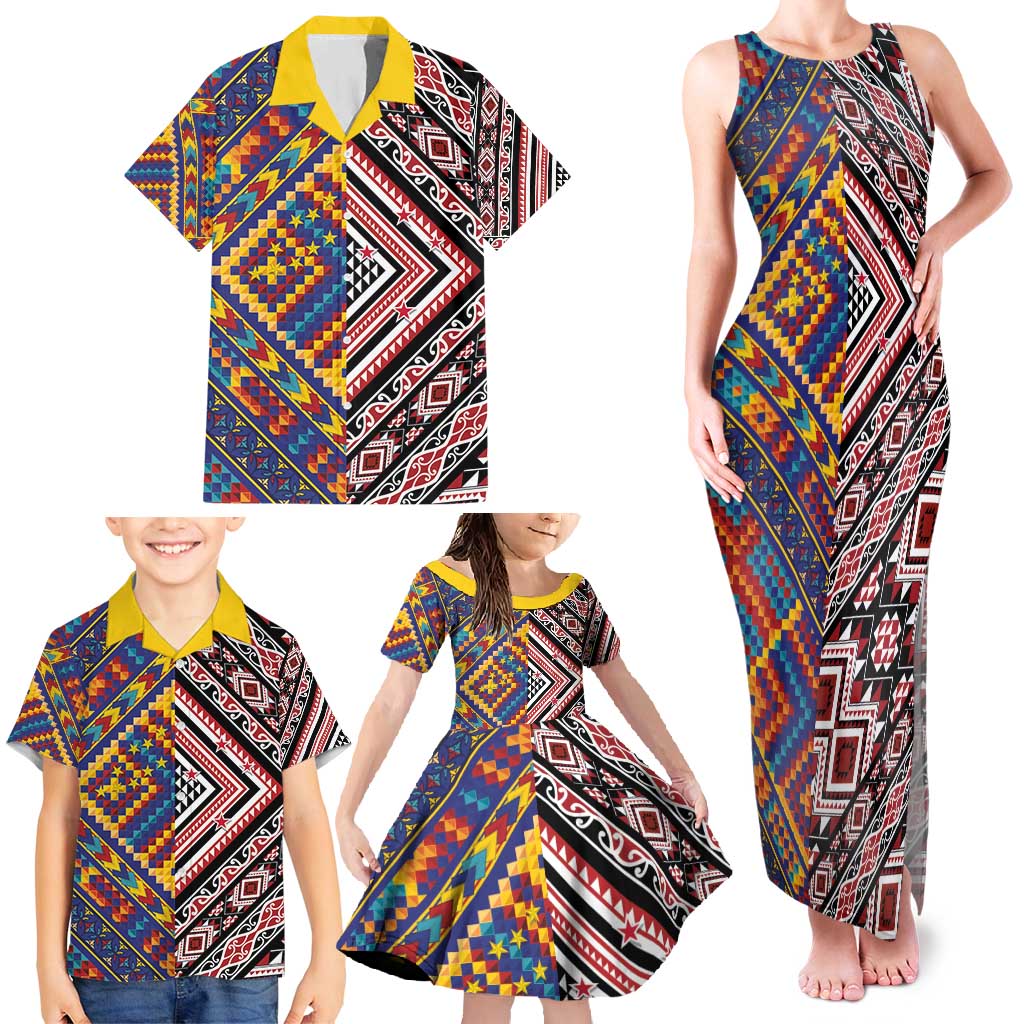 Tuvaluan and New Zealand Culture Family Matching Tank Maxi Dress and Hawaiian Shirt The Art of Kolose and Taniko LT03 - Polynesian Pride