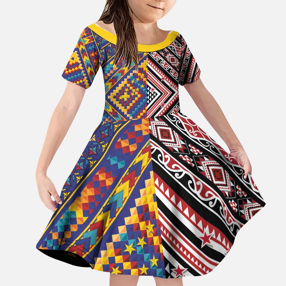 Tuvaluan and New Zealand Culture Kid Short Sleeve Dress The Art of Kolose and Taniko LT03 KID Navy - Polynesian Pride