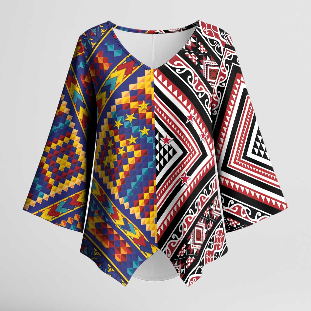 Tuvaluan and New Zealand Culture Kimono Sleeve Blouse The Art of Kolose and Taniko LT03 Female Navy - Polynesian Pride