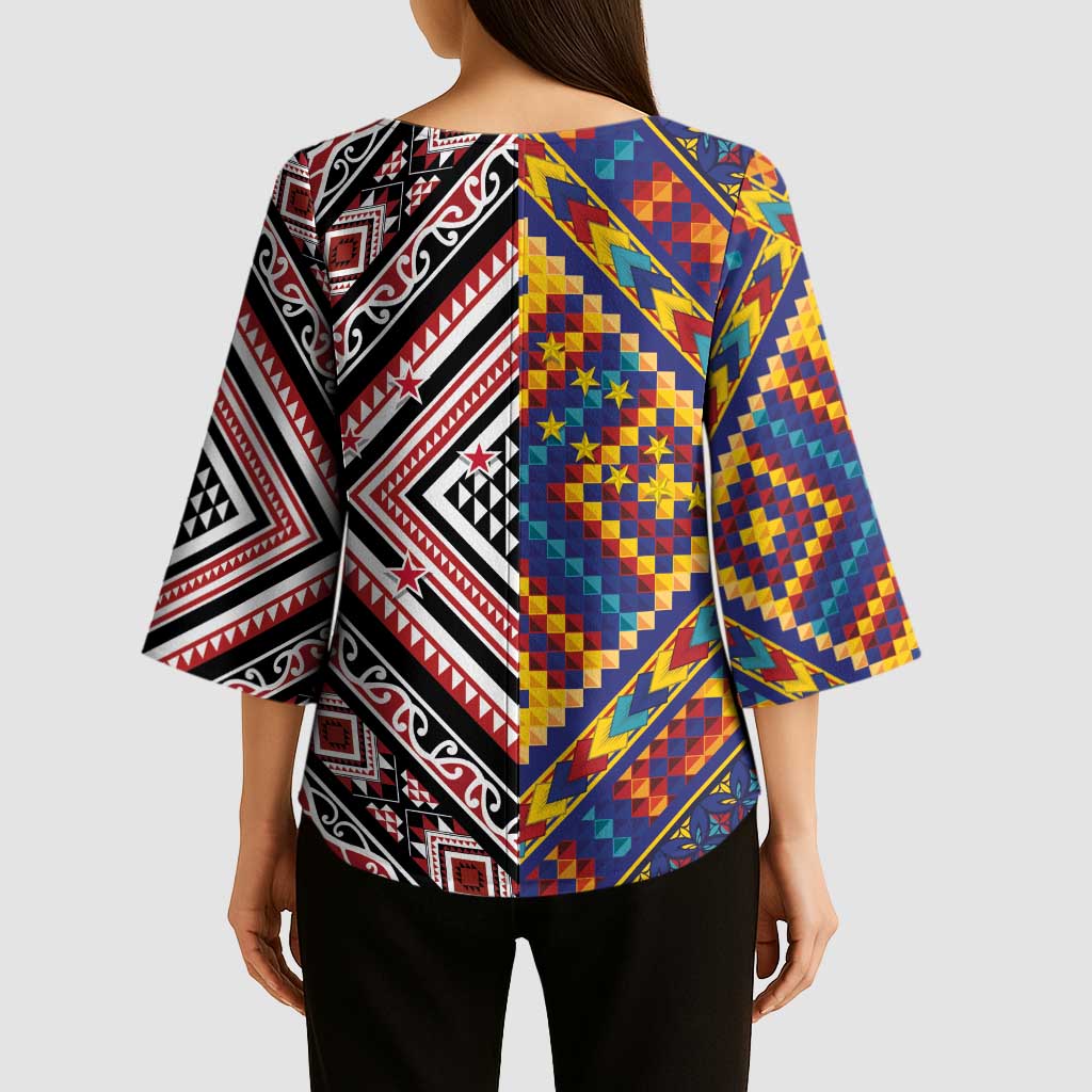 Tuvaluan and New Zealand Culture Kimono Sleeve Blouse The Art of Kolose and Taniko LT03 - Polynesian Pride