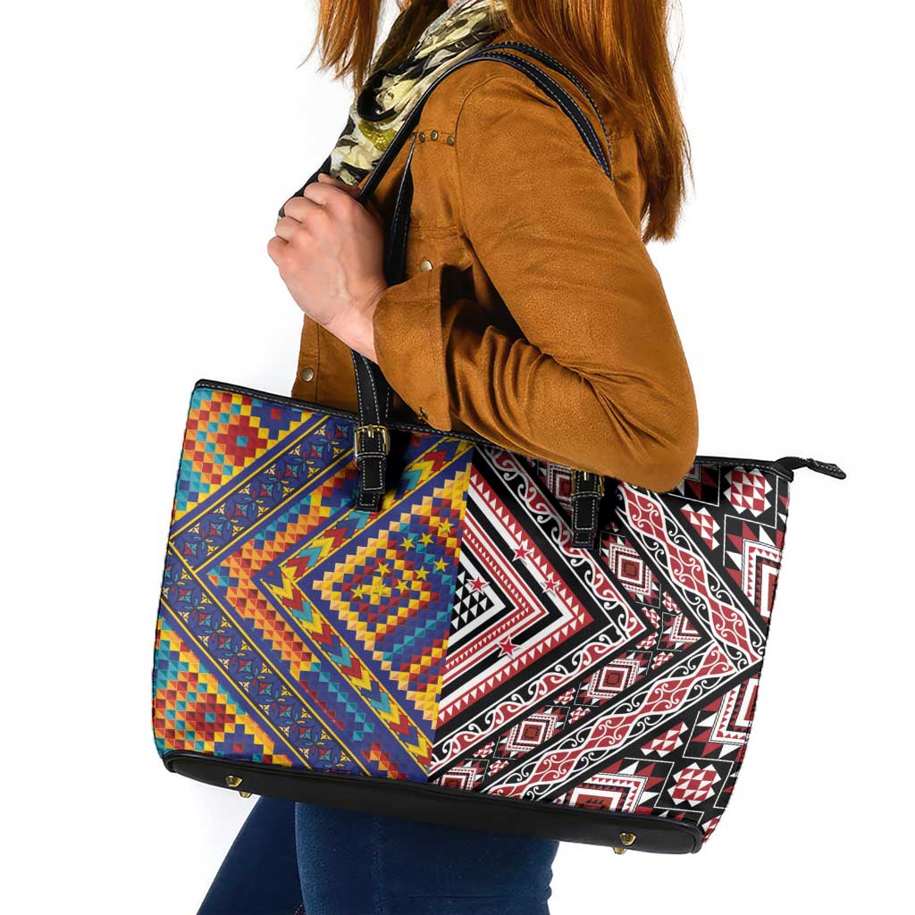 Tuvaluan and New Zealand Culture Leather Tote Bag The Art of Kolose and Taniko LT03 Navy - Polynesian Pride