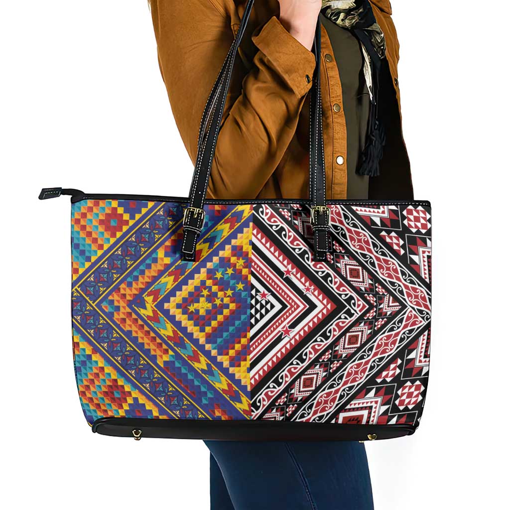 Tuvaluan and New Zealand Culture Leather Tote Bag The Art of Kolose and Taniko LT03 - Polynesian Pride