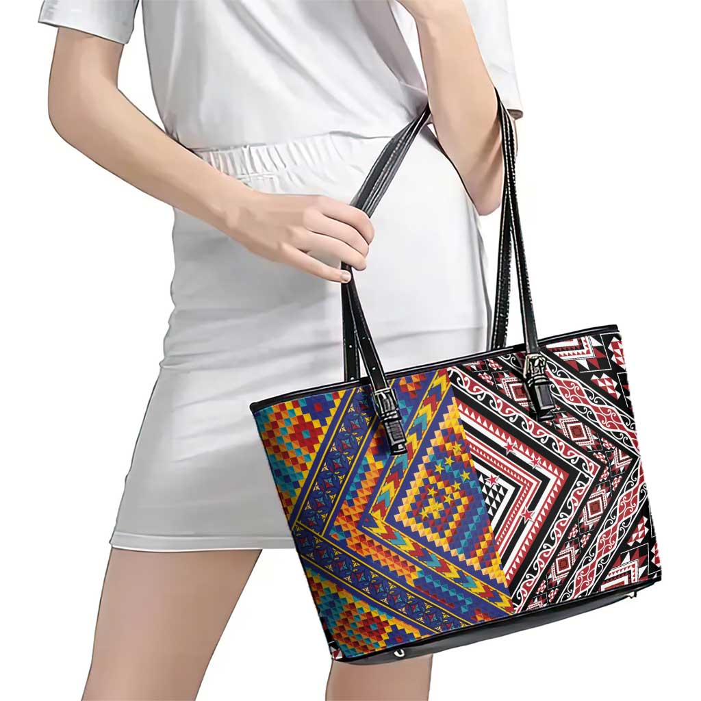 Tuvaluan and New Zealand Culture Leather Tote Bag The Art of Kolose and Taniko LT03 - Polynesian Pride