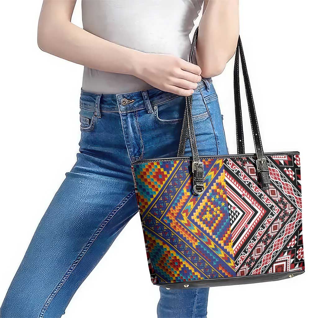 Tuvaluan and New Zealand Culture Leather Tote Bag The Art of Kolose and Taniko LT03 - Polynesian Pride
