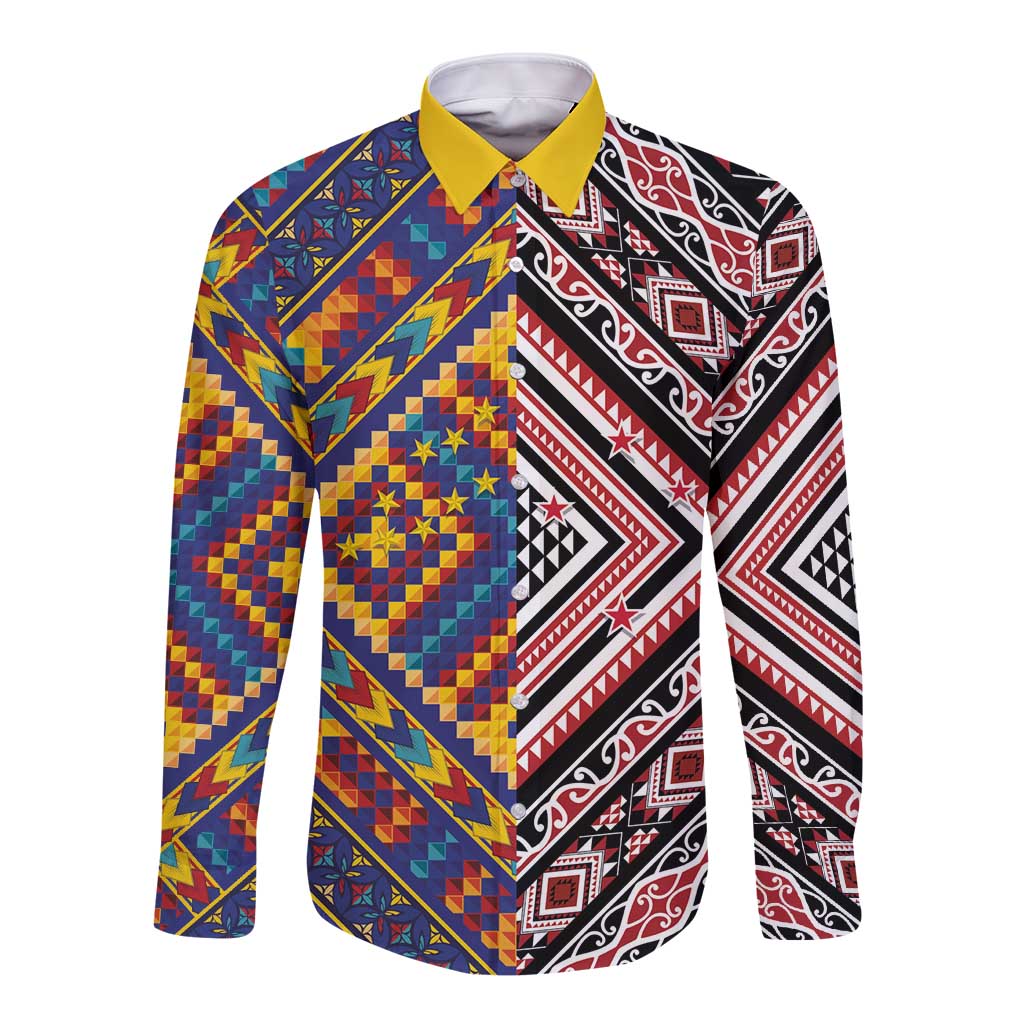 Tuvaluan and New Zealand Culture Long Sleeve Button Shirt The Art of Kolose and Taniko LT03 Unisex Navy - Polynesian Pride