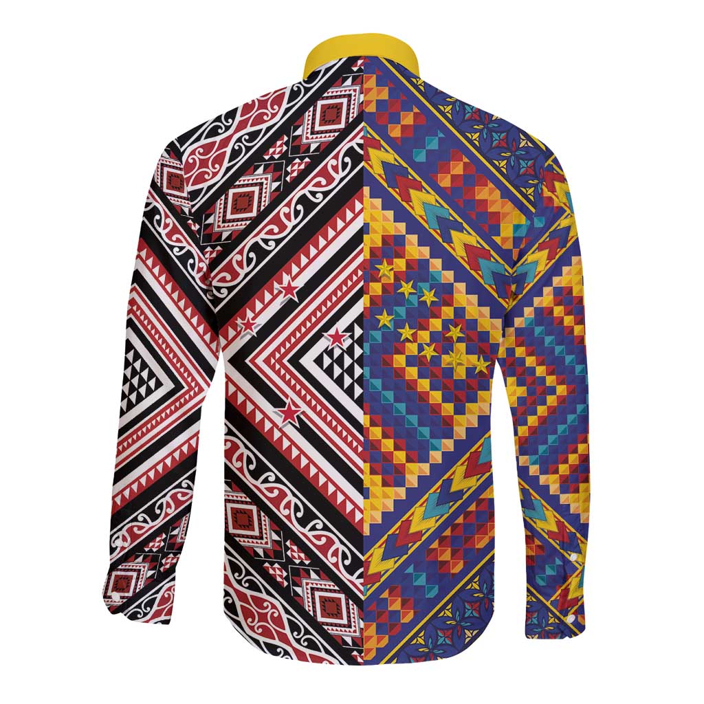 Tuvaluan and New Zealand Culture Long Sleeve Button Shirt The Art of Kolose and Taniko LT03 - Polynesian Pride